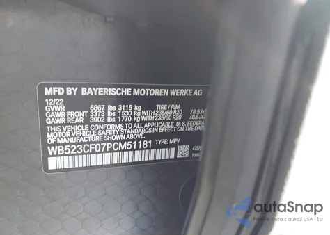 2023 BMW Ix xDrive50 z USA, uszkodzony, nr VIN WB523CF07PCM51181